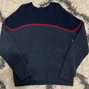 90s Men's Navy and Red Ribbed Knit Sweater